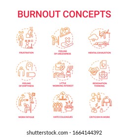 Burnout red concept icons set. Work fatigue. Conflict with colleagues. Mental exhaustion. Little working interest. Frustration idea thin line RGB color illustrations. Vector isolated outline drawings