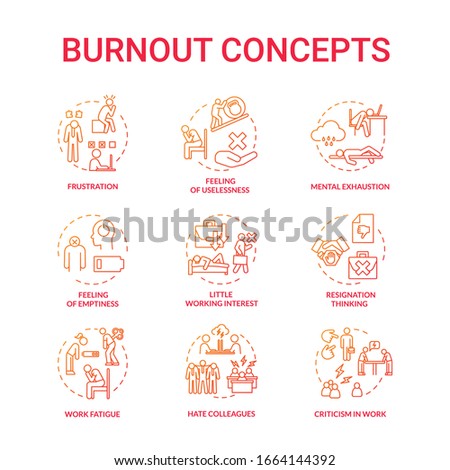 Burnout red concept icons set. Work fatigue. Conflict with colleagues. Mental exhaustion. Little working interest. Frustration idea thin line RGB color illustrations. Vector isolated outline drawings