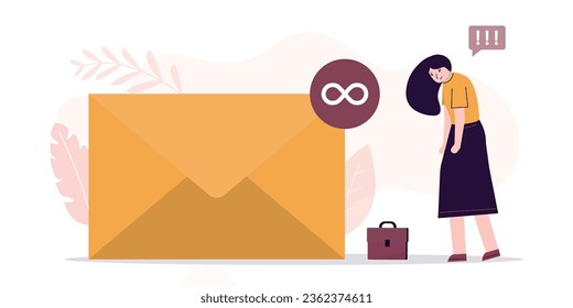 Burnout sad businesswoman standing near envelope with infinity unread emails. Busy email overload, inefficient communication, exhausted from too many messages. employee with inbox. vector illustration