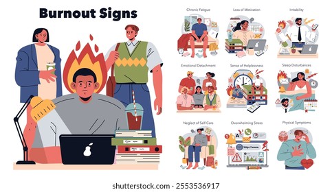 Burnout Signs concept. Illustration of individuals exhibiting symptoms like fatigue and detachment. Stress, sleep issues, and neglect of self-care depicted. Vector illustration.