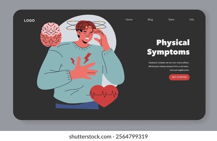 Burnout Signs concept. Illustration of a person experiencing mental exhaustion and physical discomfort. Symptoms of stress and overwork. Vector illustration.