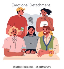 Burnout Signs concept. Illustration portraying emotional detachment in social settings with disengaged individuals. Mental health awareness in vector format.