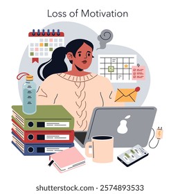 Burnout Signs concept. Overwhelmed woman amid work chaos signals job exhaustion. Workload stress, lack of drive, productivity decline. Vector illustration.