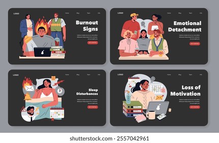 Burnout Signs set. Stressed individuals experiencing work overload, detachment, insomnia, and demotivation. Workplace mental health awareness. Vector illustration.