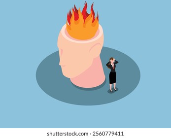 Burnout and Stress Concept with Businesswoman and Flaming Head 3d isometric vector illustration