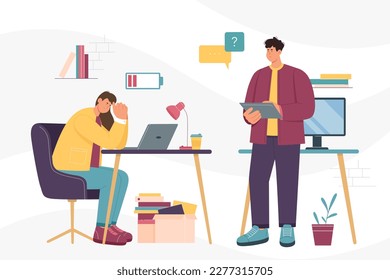 Burnout and stress of sad employee vector illustration. Cartoon tired worried female office worker with low battery sitting at desk with laptop, male busy workaholic colleague standing with tablet