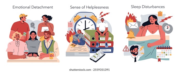 Burnout Symptoms set. Illustrations portray emotional detachment, a sense of helplessness, and sleep disturbances. Stress management and mental health awareness. Vector illustration.