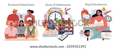 Burnout Symptoms set. Illustrations portray emotional detachment, a sense of helplessness, and sleep disturbances. Stress management and mental health awareness. Vector illustration.