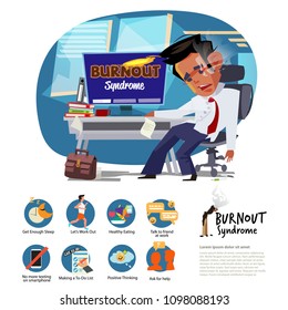 Burnout Syndeome man at work. how to fight burningout syndrome. infographic elements  - vector illustration