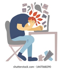 Burnout syndrome concept. Male character sitting at the office with a lot of work. Vector person at the table.