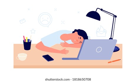 Burnout syndrome. Exhausted at work, tired man sleep at office desk. Stress or frustrated, cartoon person overload concept. Worker fatigue, procrastination vector illustration