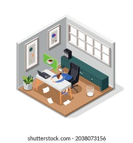 Burnout syndrome isometric composition with tired woman sleeping on desk and dreaming about cup of coffee vector illustration