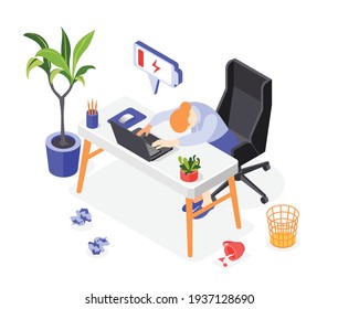 Burn-out syndrome isometric icons background composition of workplace with tired woman and low battery sign vector illustration