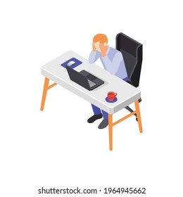 Burn-out syndrome isometric icons composition with clerk sitting at table clutching his head vector illustration