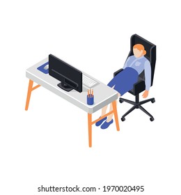 Burn-out syndrome isometric icons composition with woman laid back on office chair vector illustration