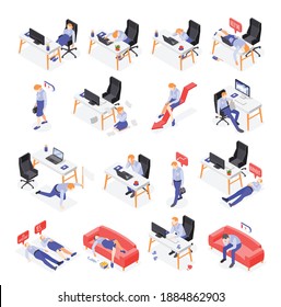 Burn-out syndrome isometric icons set with work symbols isolated vector illustration