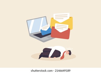 Burnout Syndrome. mental problem or stressful from too much workload.  Male employees are tired of answering emails.