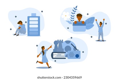 burnout syndrome recovery illustration set. characters suffering from stress and fatigue. they are refreshed through hobbies and relaxation. mental health problems concept. vector illustration.