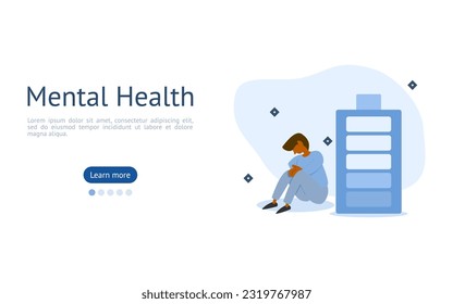 burnout syndrome recovery illustration set. characters suffering from stress and fatigue like lower battery. mental health problems concept. vector illustration.