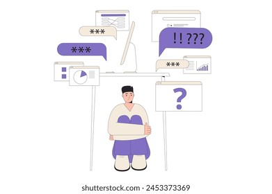 Burnout syndrome. Sad young man sitting under the table isolated on white background. Overwhelmed mental disorder character. Teenage man with stress. Vector flat outline illustration