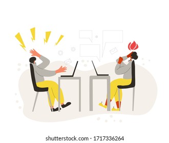 Burnout syndrome. Tired characters working from home on computer. Stressed persons using laptop. Vector flat color illustration.