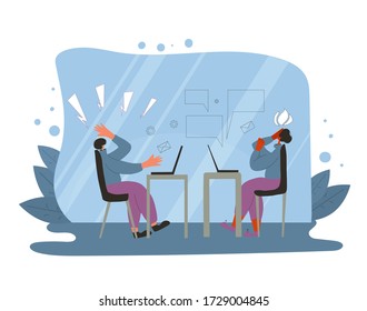 Burnout syndrome. Tired characters working from home on computer. Stressed persons using laptop. Vector flat color illustration.