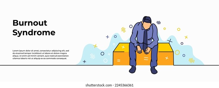 Banner web del síndrome de Burnout. Imagen vectorial de un hombre sentado solo por trabajo cansado y solitario. Moderno y plano en línea continua.