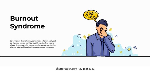 Burnout Syndrome Web-Banner. Vektorgrafik eines Menschen, der traurig ist und unter Depressionen leidet. Moderne Wohnung im durchgehenden Linienstil.
