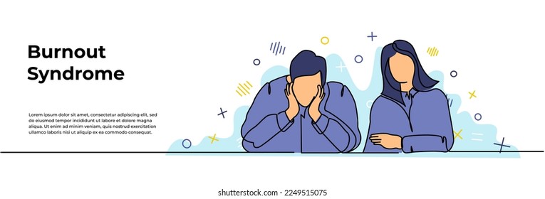 Burnout Syndrome Web Banner. Vector illustration of sad looking boy and girl. Modern flat in continuous line style.