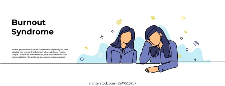 Burnout Syndrome Web Banner. Vector illustration of two sad and limp looking girls. Modern flat in continuous line style.