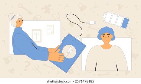 Burnout therapy. Online counseling session with woman psychiatric. Tired female character recharge with psychologists. Client with depression and low vital energy. Vector illustration.