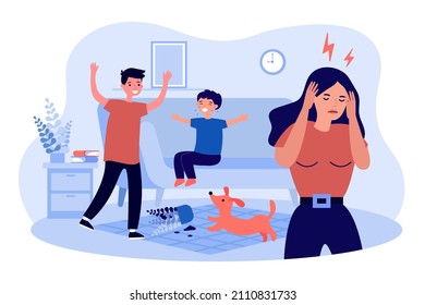 Burnout of tired mother because of naughty hyperactive children. Stress and fatigue of upset woman flat vector illustration. Family problem concept for banner, website design or landing web page