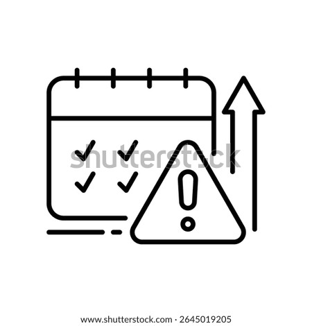 Burnout Tracker Icon Vector, Calendar with Rising Workload and Warning Symbol, Outline Design for Task Overload, Deadline Stress, and Productivity Pressure