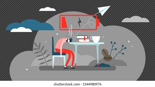 Burnout vector illustration. Flat tiny low energy in workplace persons concept. Exhausted and tired labor visualization with fatigue and anxiety symptoms. Loss of balance abstract dead battery symbol.