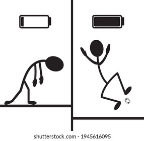 Burnout vs happiness concept black silhouette illustration. Low, full battery charge. Less and full of energy man. Mood contrast. Tired and enthusiastic characters. Monochrome icons. Isolated vector.