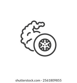 Burnout wheel line icon. linear style sign for mobile concept and web design. Car wheel with smoke outline vector icon. Symbol, logo illustration. Vector graphics