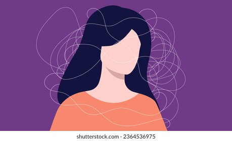 Burnout woman - Female person with brain fog and depression. Flat design vector illustration