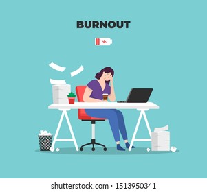 Burnout woman. Professional burnout syndrome. Stress. Exhausted tired woman. Vector