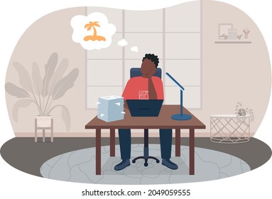 Burnout de la ilustración aislada del vector 2D de trabajo. Hombre sentado en el escritorio pensando en las vacaciones. Personaje plano y deprimido sobre el fondo de las caricaturas. Autónomo en la colorida escena de la oficina del hogar