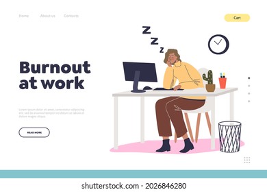 Burnout at work concept of landing page with tired woman work at computer sleep at office desk. Overworked worker female sleep at workplace. Cartoon flat vector illustration