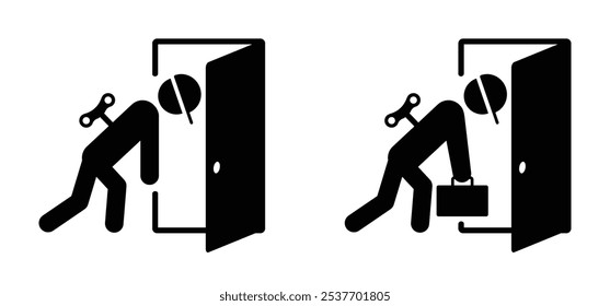 Burnout, work door icon. Life energy. Man with low battery. Brain with fire. Having problems on work, emotional stress, unhappy, psychology pressure, difficult life or in job. Stressed concept