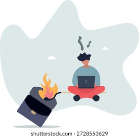 Agotado en el trabajo, el hombre con la computadora portátil ya está fumando.