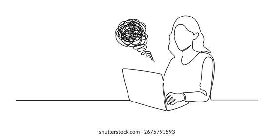 Desgaste no trabalho em um desenho de linha contínua. Símbolo de mulher de negócios e estudante do sexo feminino em estilo linear simples. Conceito de estresse e fadiga em acidente vascular cerebral editável. Ilustração do vetor de contorno de rabiscar