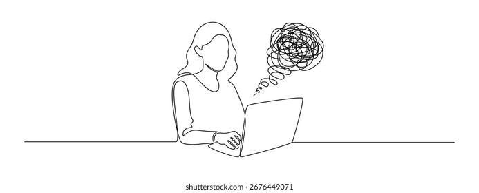 Desgaste no trabalho em um desenho de linha contínua. Símbolo de mulher de negócios e estudante do sexo feminino em estilo linear simples. Conceito de estresse e fadiga em acidente vascular cerebral editável. Ilustração de vetor de manuscrito