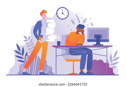 Burnout en el trabajo. Empleado sobrecargado de trabajo en el lugar de trabajo, joven con muchos papeles blancos. Flujo de trabajo ineficiente. Cansado de un empleado o gerente de papeleo en la oficina. Dibujo vectorial plano de dibujos animados