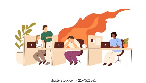 Burnout at work, psychology concept. Busy overworked office worker in stress, career crisis. Exhausted tired overloaded employee burning in fire. Flat vector illustration isolated on white background