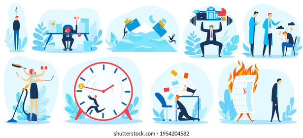 Burnout at work, severe stress constant employment, emotions are very busy, cartoon style vector illustration, isolated on white.