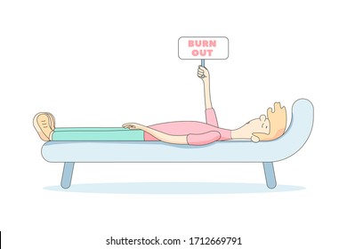 Burnout at work. A tired man is lying on a sofa with a raised sign that says burnout. Long working day in the office. Mental health problem. Flat vector illustration isolated on white background