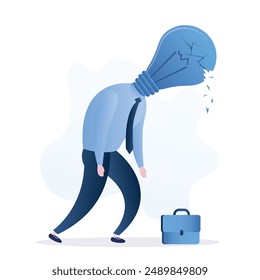 Burnout at work. Unhappy businessman with an extinguished light bulb instead of head. Not creative employee, lack of ideas. Problem with imagination and creativity. Flat vector illustration