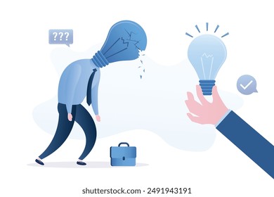 Burnout at work. Unhappy businessman with an extinguished light bulb instead of head. Big hand give new idea lightbulb. Not creative employee, lack of ideas. Problem with imagination and creativity.